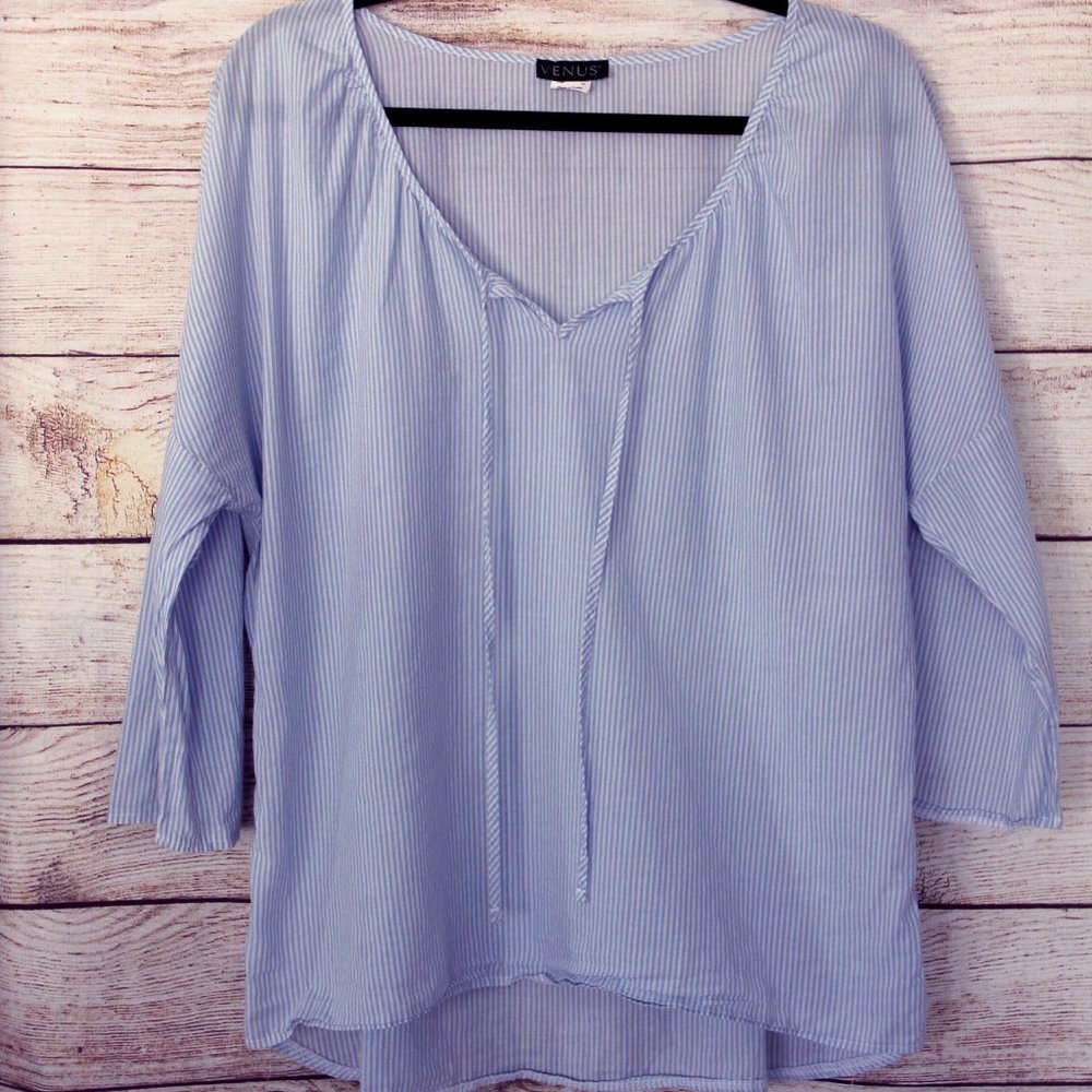 Blue and White Summer Top with 3/4 Sleeves and tie string
